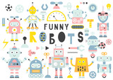 Fototapeta Pokój dzieciecy - Set of cute robots, transformers and tools isolated on white background. Robotics for kids. Vector illustration. Lettering Funny robots.