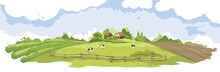 Abstract Summer Landscape -- Farm Fields / Vector Illustration, Rural View -- Fields And Meadows, Old Village, Herd Of Cows
