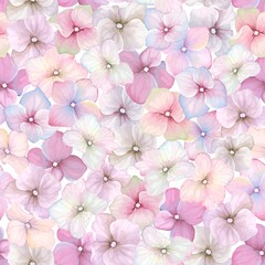 Inflorescence flowers hydrangea randomly arranged in seamless pattern, vector floral illustration in vintage watercolor style.