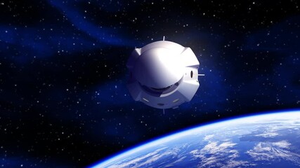 Wall Mural - commercial spacecraft orbiting earth and opens docking hatch. 3d animation. 4k. 3840x2160.