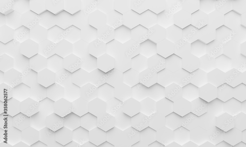 White wall of honeycombs. Chaotic Cubes Wall Background. Panorama with high resolution wallpaper. 3d Render Illustration - obrazy, fototapety, plakaty 