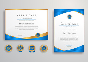 Wall Mural - Blue certificate and diploma template with badges