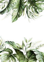 Wall Mural - Watercolor tropical floral border - green leaves. For wedding stationary, greetings, wallpapers, fashion, background.
