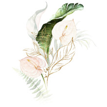 Watercolor Tropical Floral Bouquet - Green, Blush, Gold Flower & Leaves. For Wedding Stationary, Greetings, Wallpapers, Fashion, Background.