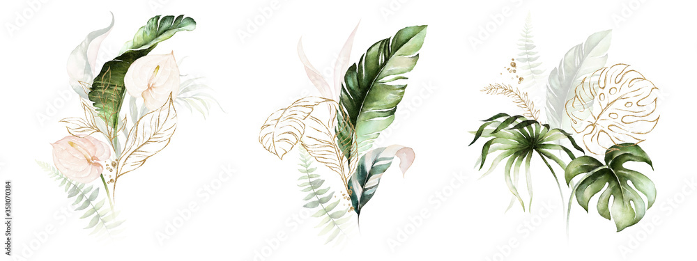 Watercolor tropical floral bouquet set - green, blush & gold leaves. For wedding stationary, greetings, wallpapers, fashion, background. - obrazy, fototapety, plakaty 