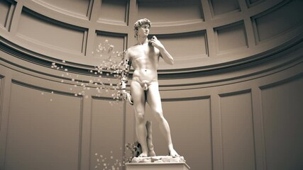 digital disintegration of sculpture david. 4k. 3840x2160. 3d animation.