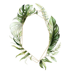 Wall Mural - Tropical exotic watercolor floral geometric frame. Green, gold & blush leaves. For wedding stationary, greetings, wallpaper, fashion, background. Palm fern banana green leaves.