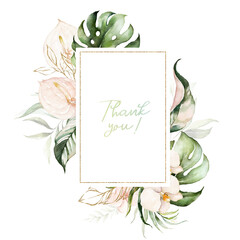 Wall Mural - Tropical exotic watercolor floral geometric frame. Green & gold leaves, blush flowers. For wedding stationary, greetings, wallpaper, fashion, background. Palm fern banana green leaves.