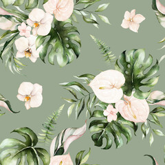 Wall Mural - Green tropical leaves and blush flowers on green background. Watercolor hand painted seamless pattern. Floral tropic illustration. Jungle foliage.