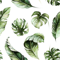 Wall Mural - Green tropical leaves on white background. Watercolor hand painted seamless pattern. Floral tropic illustration. Jungle foliage.