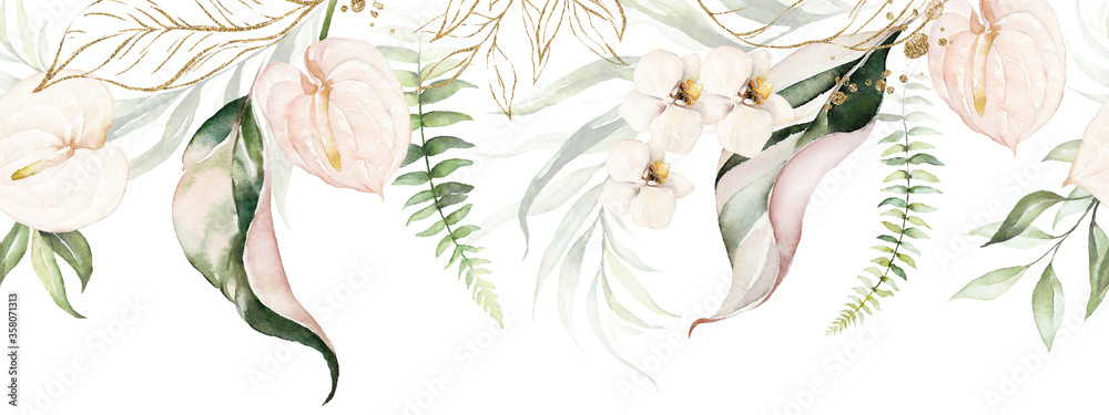 Green tropical leaves and blush flowers on white background. Watercolor hand painted seamless border. Floral tropic illustration. Jungle foliage pattern. - obrazy, fototapety, plakaty 