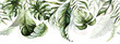 Leinwandbild Motiv Green tropical leaves on white background. Watercolor hand painted seamless border. Floral tropic illustration. Jungle foliage pattern.