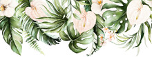 Green Tropical Leaves And Blush Flowers On White Background. Watercolor Hand Painted Seamless Border. Floral Tropic Illustration. Jungle Foliage Pattern.