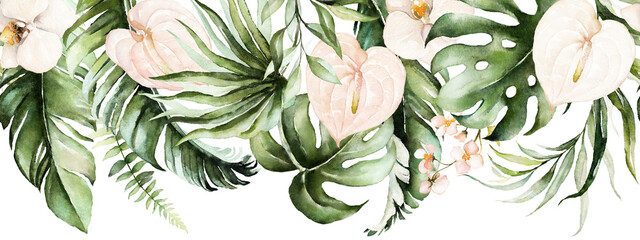Wall Mural - Green tropical leaves and blush flowers on white background. Watercolor hand painted seamless border. Floral tropic illustration. Jungle foliage pattern.