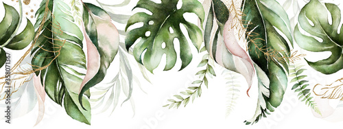 green-and-blush-tropical-leaves-on-white-background-watercolor-hand-painted-seamless-border-floral-tropic-illustration-jungle-foliage-pattern