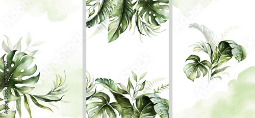 Fotomural Watercolor tropical floral templates set - bouquet, frame, border