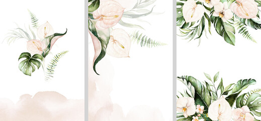 Wall Mural - Watercolor tropical floral templates set - bouquet, frame, border. Green leaves, blush flowers. For wedding stationary, greetings, wallpapers, fashion, background.
