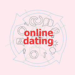 Poster - Text Online dating. Events concept . Flat outline linear Infographic