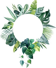 Tropical Leaves Watercolor Round Frame With Copy Space. Trendy Circle Outer Border For Wedding Invitations, Save The Date Cards, Birthday Cards. Hand Drawn Illustration With Jungle Foliage.