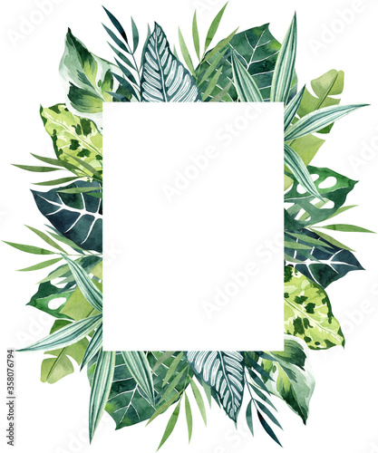 Fotomural Tropical leaves watercolor rectangular outer frame with copy space