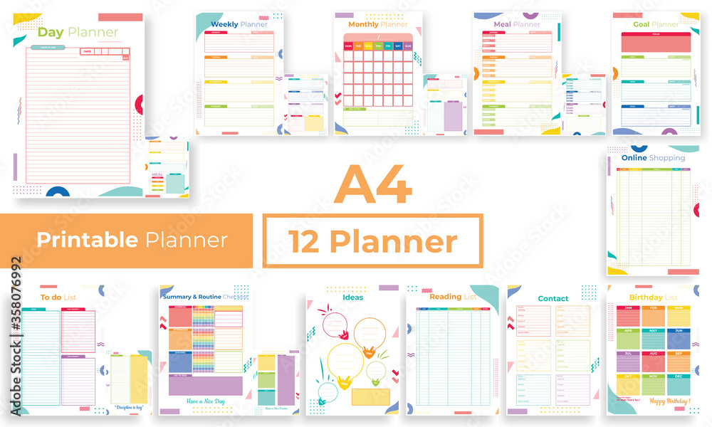 Minimalist colorfull planner pages templates collection set of vector paper A4 Ai, EPS 10 design - obrazy, fototapety, plakaty 