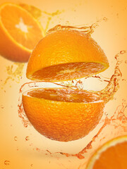 Half cutted flying oranges with juice splashes on orange background, close up