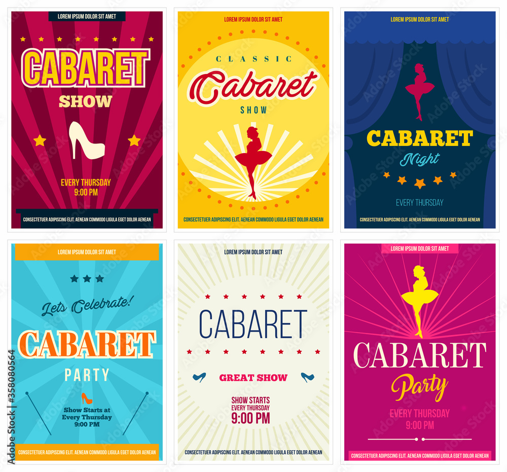 Cabaret retro posters set, vector illustration. Flyers and ads for cabaret show promotion in vintage style - obrazy, fototapety, plakaty 