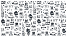 USA Hand Draw Doodle Background. United States Of America Popular Symbols And Elements. Vector Illustration.