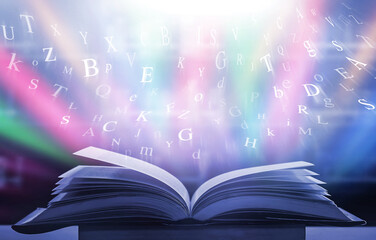 Poster - the concept of education by planting a tree of knowledge in the opening of an old book in the librar