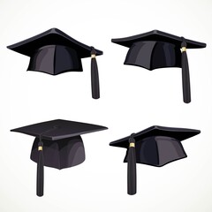 Wall Mural - Set of black graduate cap with a tassel isolated on white background