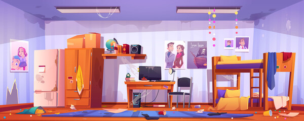 Dirty hostel or student dormitory room, empty interior with spiderweb, ragged wallpaper, scattered rubbish. Abandoned living apartment with bunk bed, wardrobe, desk with pc cartoon vector illustration