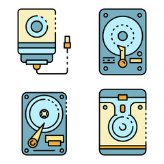 Poster - Hard disk icons set. Outline set of hard disk vector icons thin line color flat isolated on white