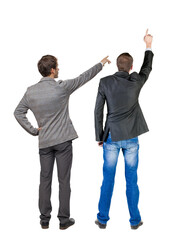 Sticker - Back view of two business men in suit pointing.