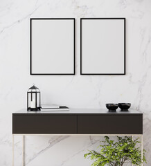 3d rendering of a modern mockup interior with two black frame on a marble sideboard and console with