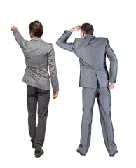 Poster - Back view of two business men in suit pointing.