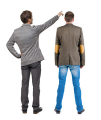 Poster - Back view of business man and business woman in suit pointing.