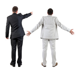 Poster - Back view of business man and business woman in suit pointing.