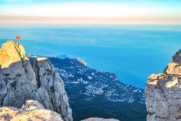 Summer landscape with coastline and Black sea by blue sky in Crimea, Ukraine