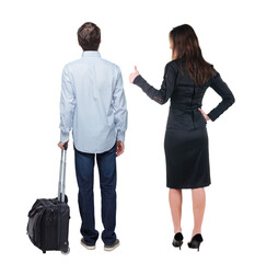 Wall Mural - Back view of business women and business men in suit pointing.