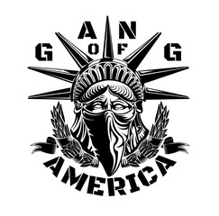 Wall Mural - Statue of Liberty head with bandana on face in center of laurel wreath. Vector illustration symbol of america. Gang of America