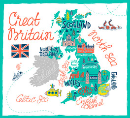 Illustrated map of the Great Britain. Travel and attractions