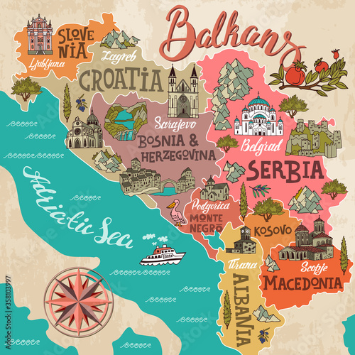 Cuadros en Lienzo Cartoon map of Balkans. Travel and attractions of Eastern Europe