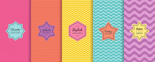 Vector Wave Seamless Patterns Collection. Set Of Colorful Background Swatches With Elegant Minimal Labels. Abstract Textures With Wavy Lines, Curves. Pink, Orange, Yellow, Turquoise, Purple Color