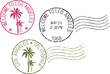 Set of postal grunge stamps 'Los Angeles'. Red, black and green color