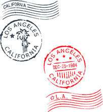 Set Of Postal Grunge Stamps 'Los Angeles-California'.Blue And Red Color.