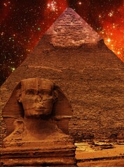 Wall Mural - sphinx, pyramid of khafre and small magellanic cloud (elements of this image furnished by nasa)