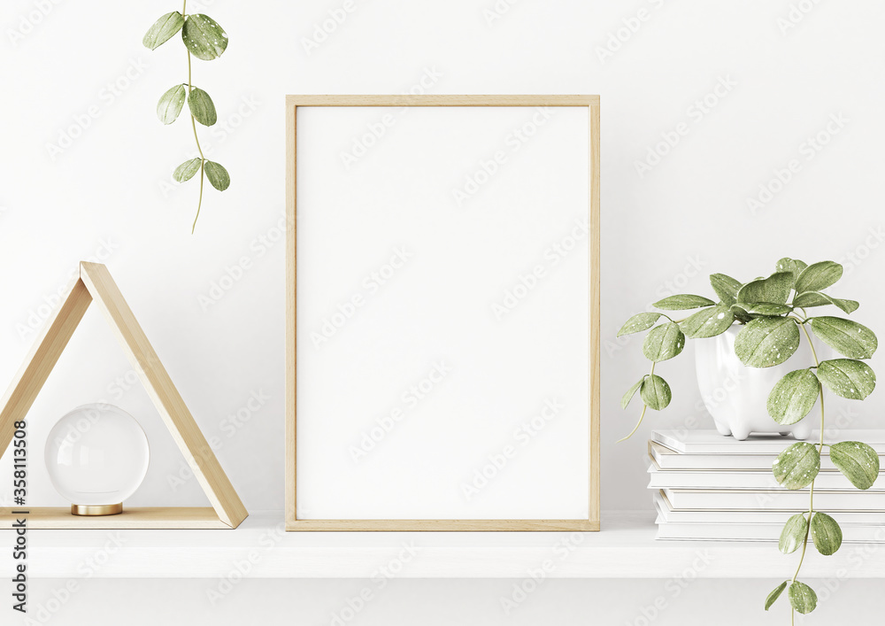 Interior poster mockup with vertical wooden frame on the shelf with ...
