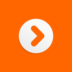 Poster - Arrow Icon Vector. Orange Geometric Rounded Line in White Circle Shape with Shadow isolated on Orange Background. Flat Vector Icon Design Template Element.