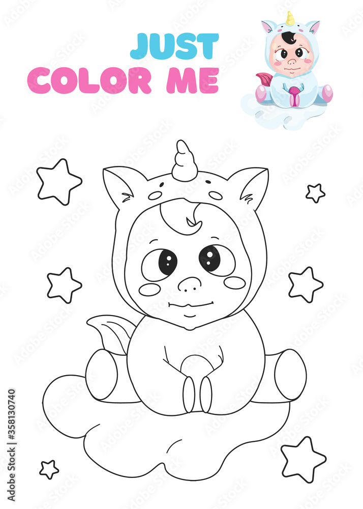 Image vectorielle Stock Cute fantasy coloring page with dreaming baby ...