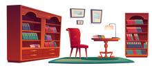 Library Vip Interior Set With Bookcases, Chair, Desk And Lamp. Vector Cartoon Set Of Old Luxury Furniture In Home Library Or Office With Wooden Bookshelves, Armchair, Carpet And Picture Frames